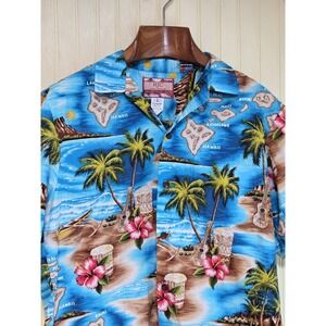 RJC Shirt Mens Large Blue Hawaiian Map Islands Scenic Aloha Short Sleeve USA